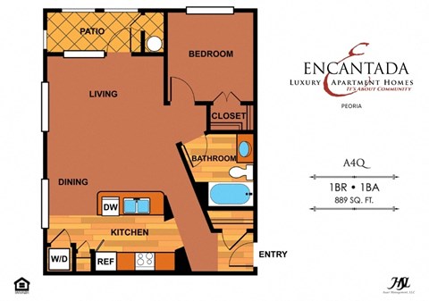 Floor plan for 1 bed, 1 bath, 820 sqft